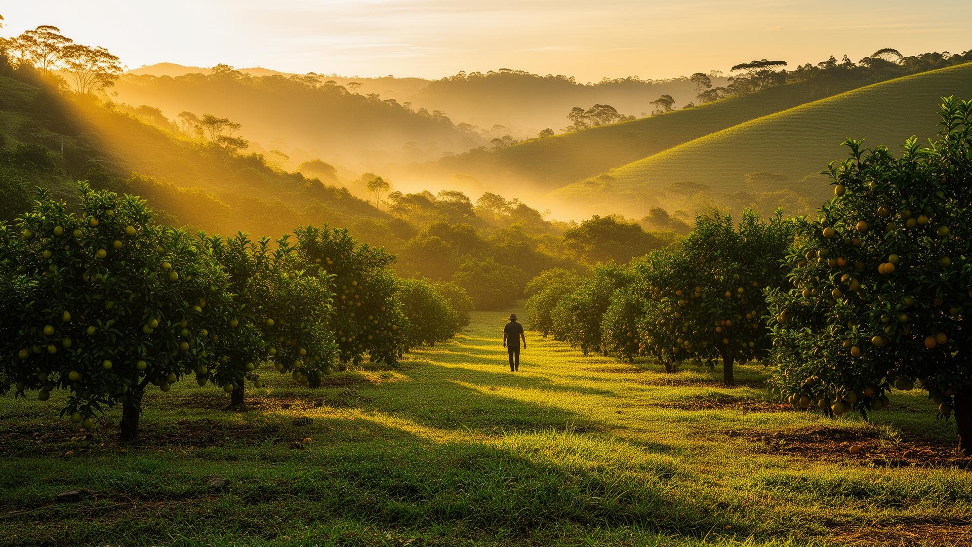 Agricultor cuidando de cultivo ao pôr do sol